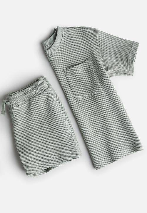 H&M - 2-Piece waffled jersey set - Light khaki green