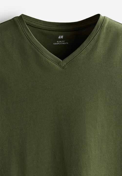 H&M - Slim fit v-neck T-shirt - dark khaki green