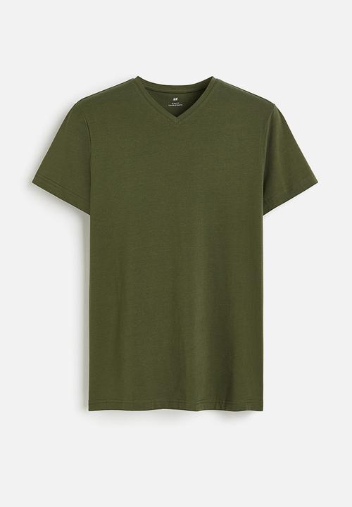 H&M - Slim fit v-neck T-shirt - dark khaki green