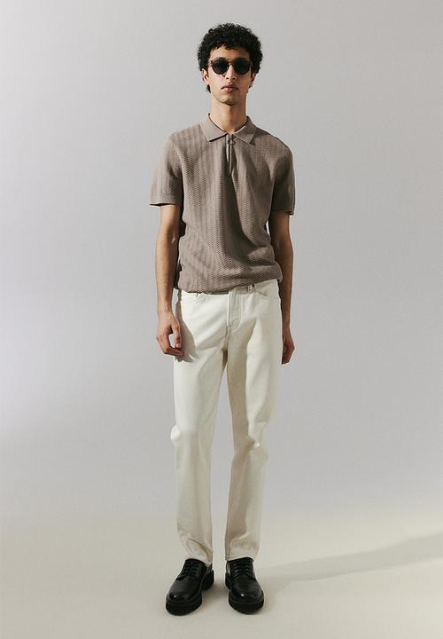 H&M - Slim fit textured-knit polo shirt - dark beige