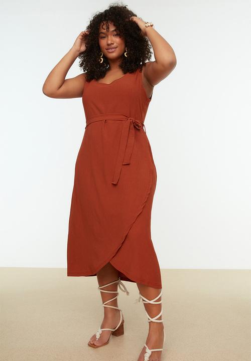 Trendyol - Belted Double Breasted Knitted Dress - Tile 