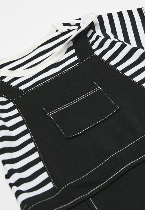 Pop Candy - Striped dungaree romper-black and white