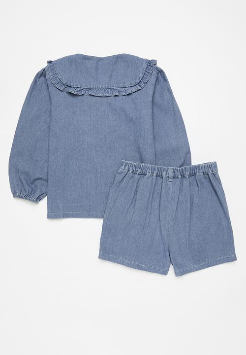 Pop Candy - Perter pan collar shirt and short set - blue