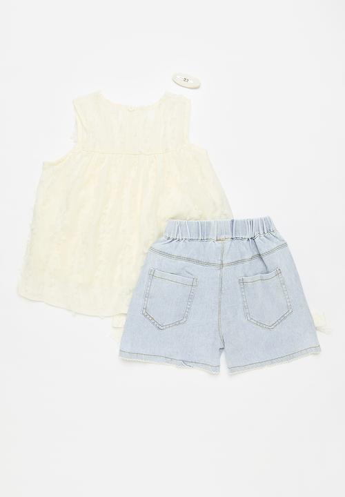 Pop Candy - Top & denim short set - blue & cream