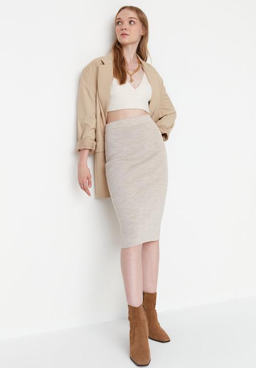 Trendyol - Midi Pencil Knitwear Skirt - Beige