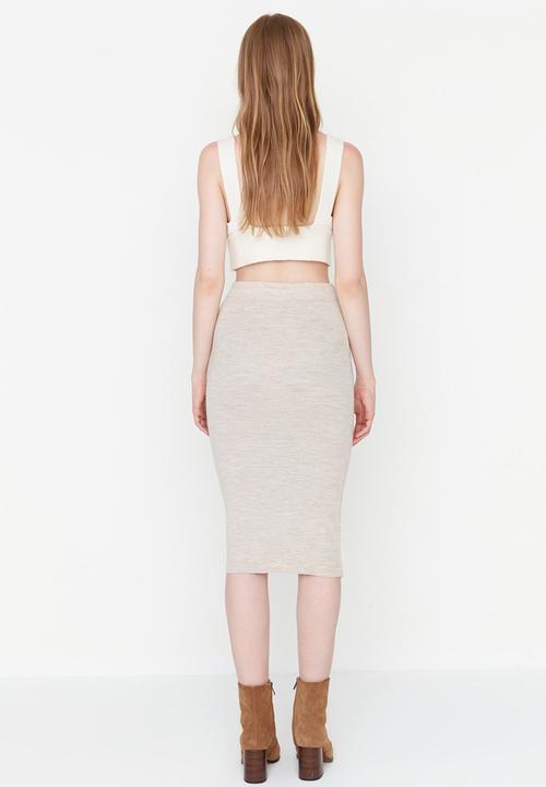 Trendyol - Midi Pencil Knitwear Skirt - Beige