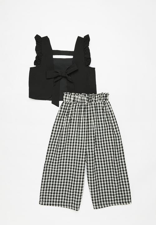 Pop Candy - Frilled top and gingham pants set - black & white