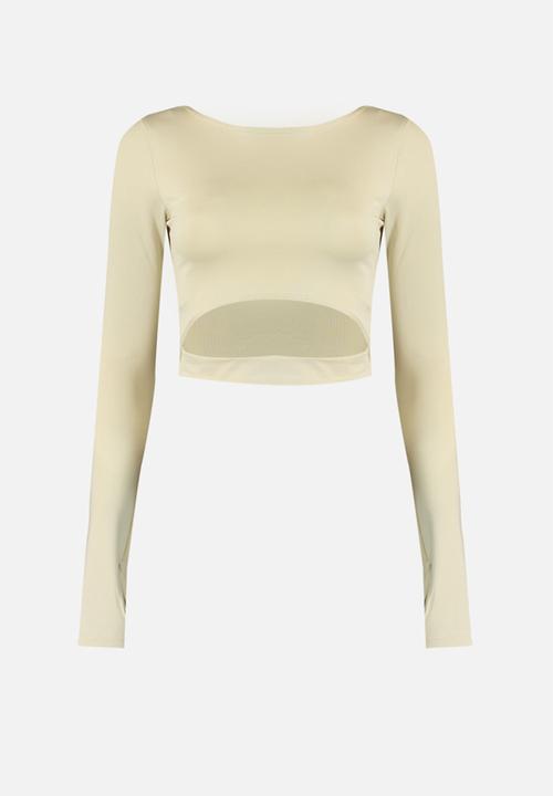 Crop Window/Cut Out and Thumb Hole Detail Knitted Sports Top - Stone