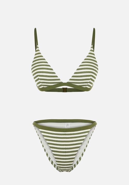 Trendyol - Striped triangle normal waist bikini set - khaki & white