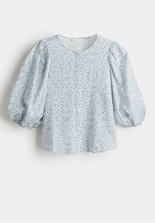 H&M - Linen-blend blouse - white & blue patterned