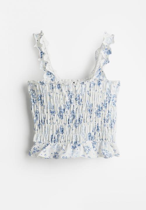 H&M - Cropped smocked top - cream floral