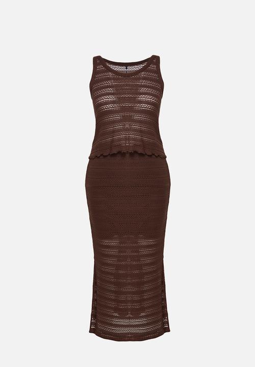 Trendyol - Cotton openwork/perforated skirted knitwear bottom-top set - brown