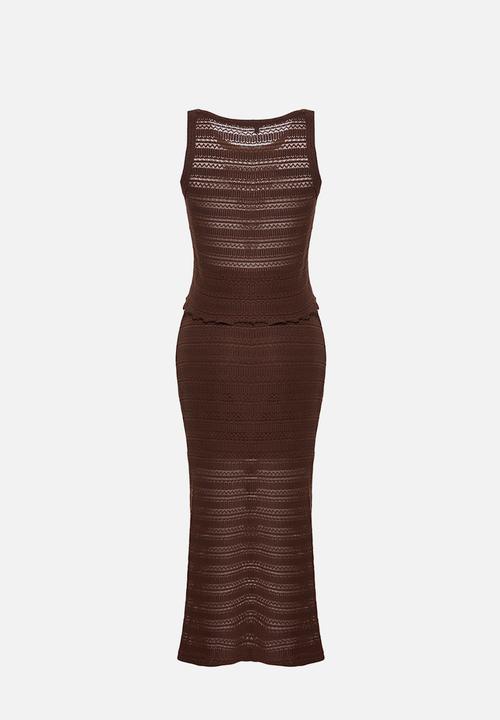 Trendyol - Cotton openwork/perforated skirted knitwear bottom-top set - brown