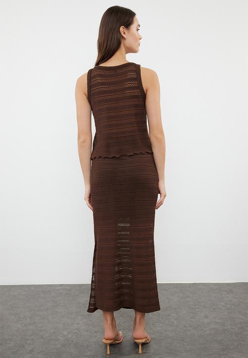 Trendyol - Cotton openwork/perforated skirted knitwear bottom-top set - brown