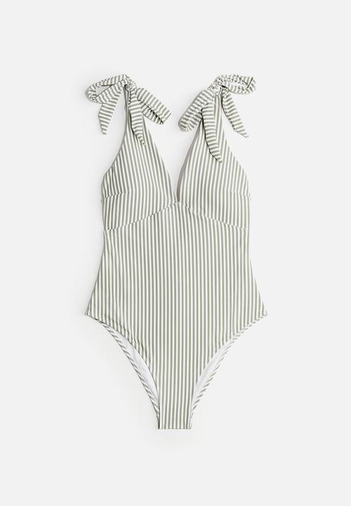 H&M - High leg swimsuit - khaki green striped 