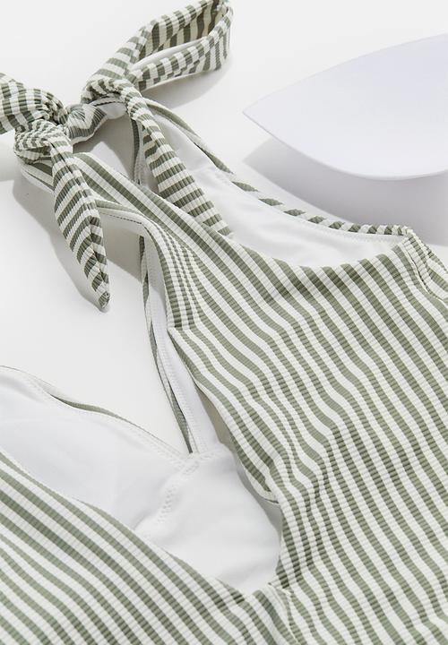 H&M - High leg swimsuit - khaki green striped 