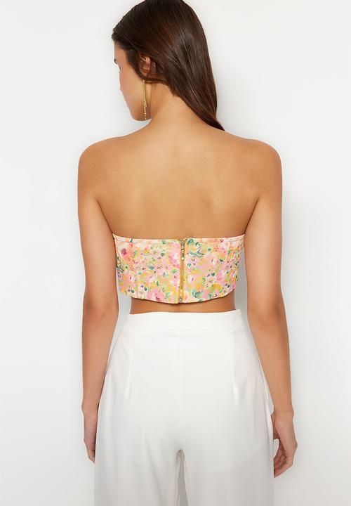 Trendyol - Floral Printed Gradient Knitted Tulle Bustier - Multicolored 