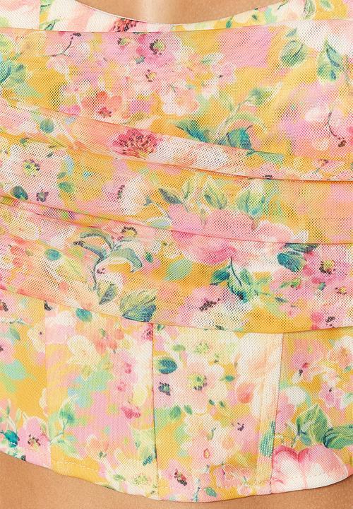 Trendyol - Floral Printed Gradient Knitted Tulle Bustier - Multicolored 