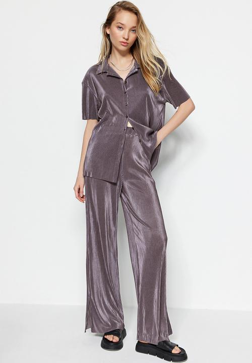 Trendyol - Anthracite Pleated Wide-Cut Shirt and Trousers Knitted Top and Bottom Set