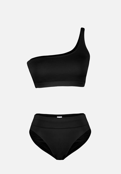 Trendyol - Single Shoulder High Waist Regular Bikini Set - Black 