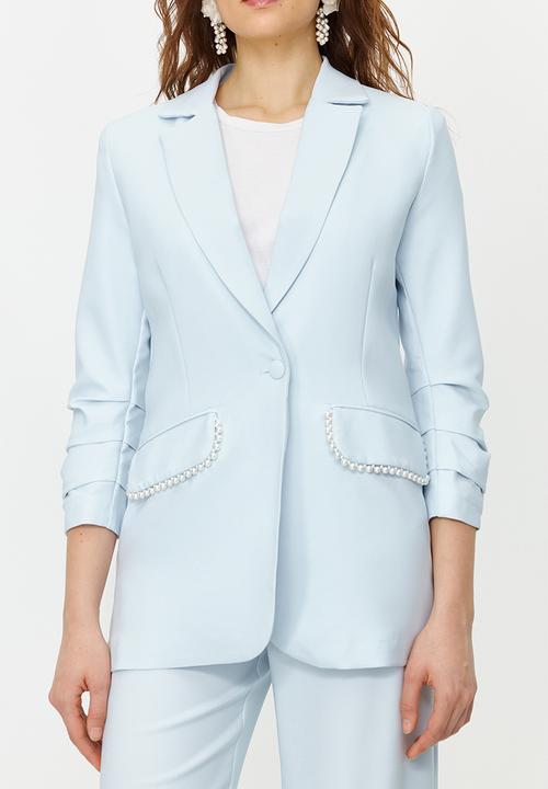 Trendyol - Blue Pearl Detailed Crepe Jacket Trousers Woven Bottom Top Set