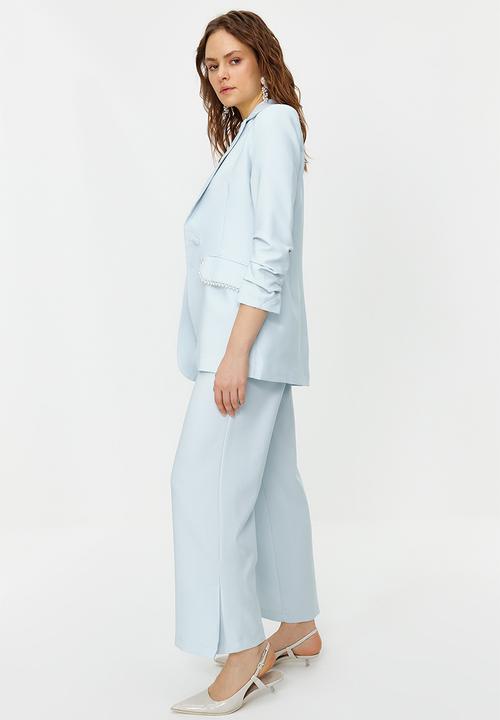 Trendyol - Blue Pearl Detailed Crepe Jacket Trousers Woven Bottom Top Set
