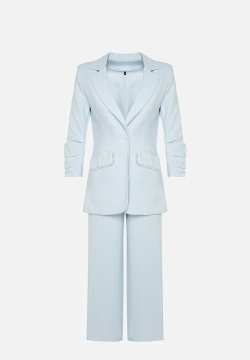Trendyol - Blue Pearl Detailed Crepe Jacket Trousers Woven Bottom Top Set