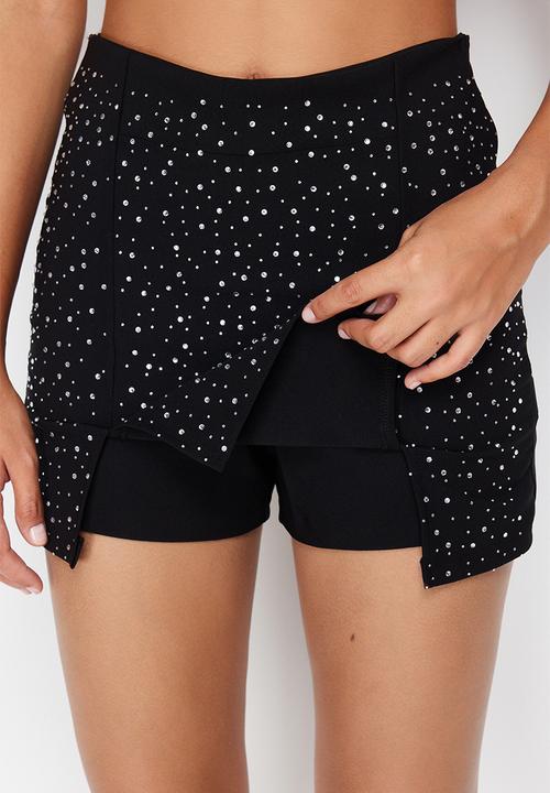 Trendyol - Shiny Stone Woven Shorts Skirt - Black 