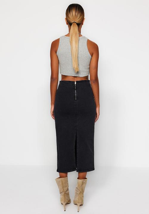 Trendyol - Stitching detail midi pencil denim skirt - black 