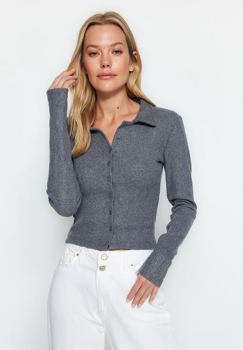 Trendyol - Button detail fitted crop ribbed stretch knitted top - anthracite