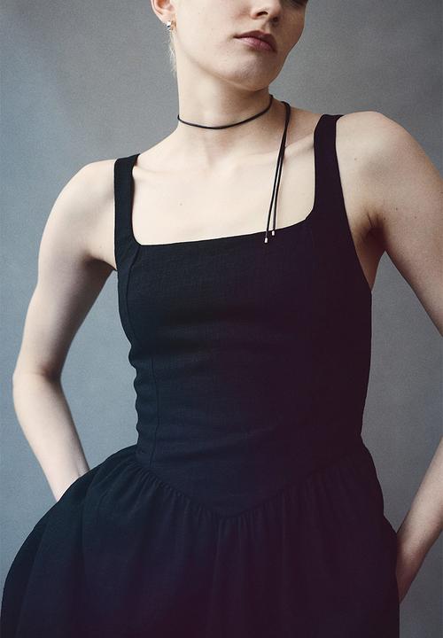H&M - Linen-blend flared-skirt dress - black