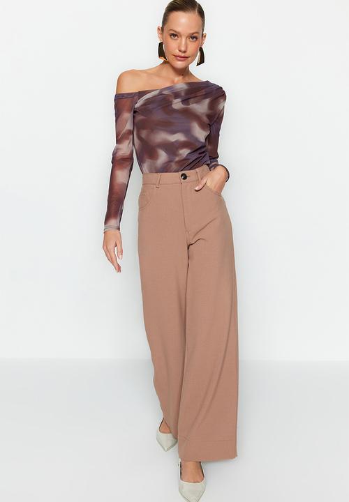 Trendyol - Tulle lined asymmetric collar knitted blouse - brown