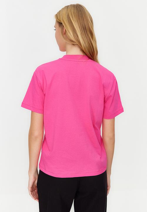 Trendyol - 100% Cotton Basic High Neck Knitted T-Shirt - Dark Pink 