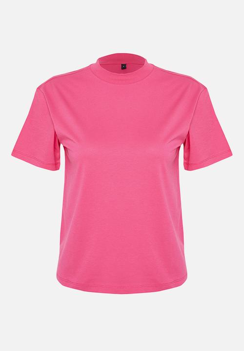 Trendyol - 100% Cotton Basic High Neck Knitted T-Shirt - Dark Pink 