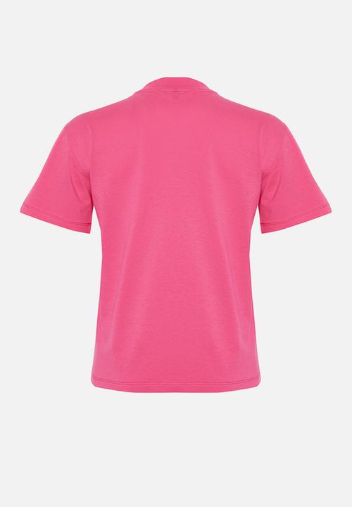 Trendyol - 100% Cotton Basic High Neck Knitted T-Shirt - Dark Pink 