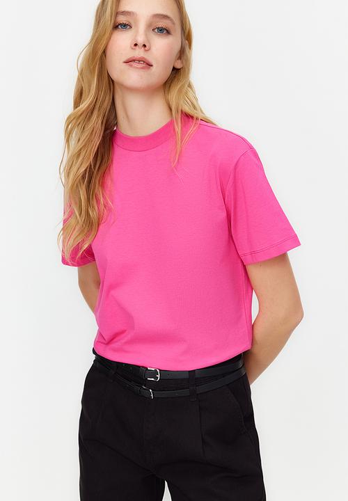 Trendyol - 100% Cotton Basic High Neck Knitted T-Shirt - Dark Pink 