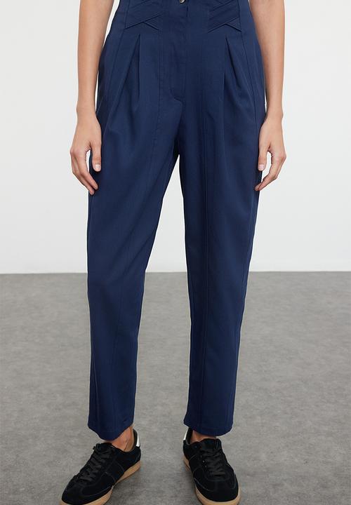Trendyol - Cotton Carrot Pattern Stripe Detail Woven Trousers - Navy Blue 
