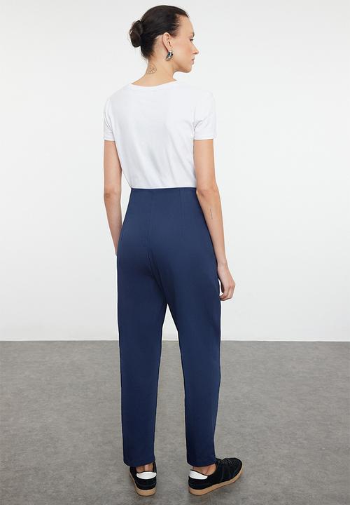 Trendyol - Cotton Carrot Pattern Stripe Detail Woven Trousers - Navy Blue 