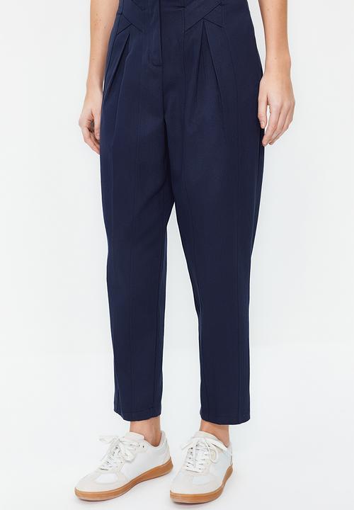 Trendyol - Cotton Carrot Pattern Stripe Detail Woven Trousers - Navy Blue 