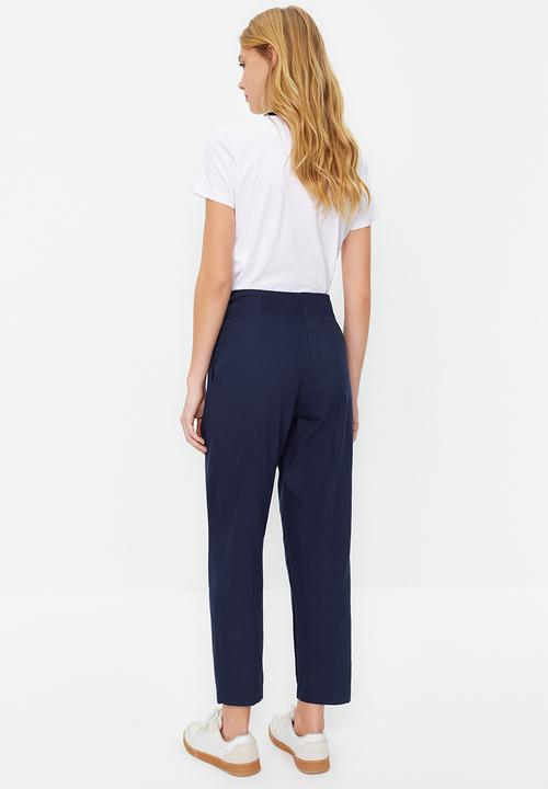 Trendyol - Cotton Carrot Pattern Stripe Detail Woven Trousers - Navy Blue 