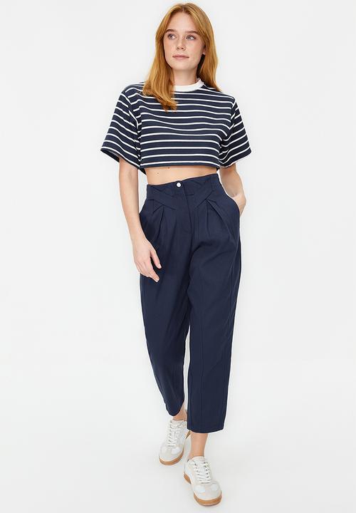 Trendyol - Cotton Carrot Pattern Stripe Detail Woven Trousers - Navy Blue 