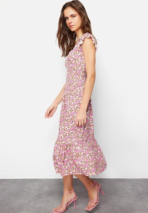 Trendyol - Floral Print Square Collar A-line Viscose Midi Woven Dress - Lilac 