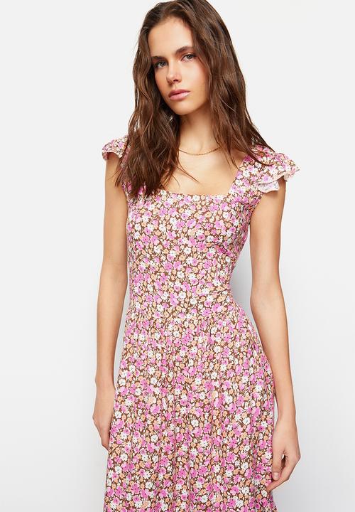 Trendyol - Floral Print Square Collar A-line Viscose Midi Woven Dress - Lilac 