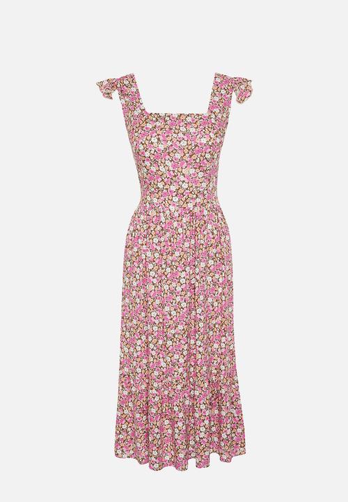 Trendyol - Floral Print Square Collar A-line Viscose Midi Woven Dress - Lilac 