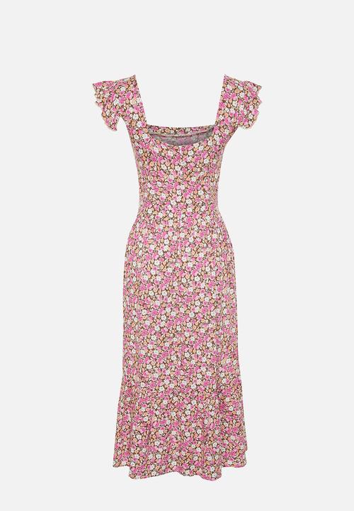 Trendyol - Floral Print Square Collar A-line Viscose Midi Woven Dress - Lilac 