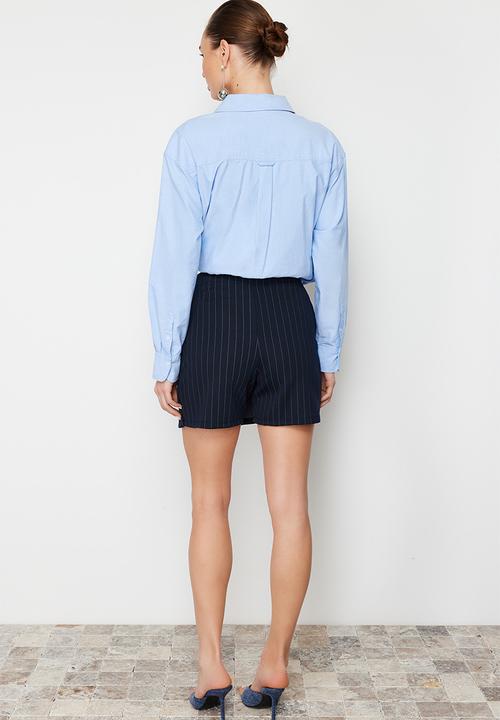 Trendyol - Striped Mini High Waist Knitted Shorts Skirt - Navy Blue 