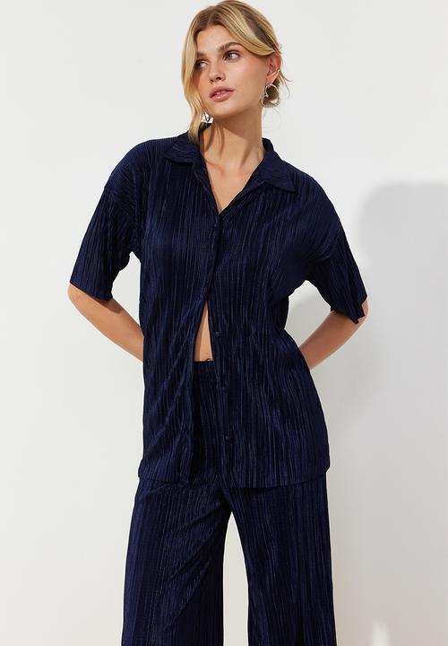 Trendyol - Pleated Wide Cut Shirt and Trousers Knitted Bottom Top Set - Navy Blue
