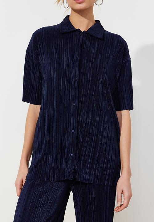 Trendyol - Pleated Wide Cut Shirt and Trousers Knitted Bottom Top Set - Navy Blue