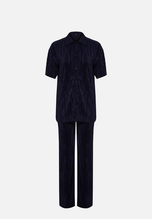 Trendyol - Pleated Wide Cut Shirt and Trousers Knitted Bottom Top Set - Navy Blue