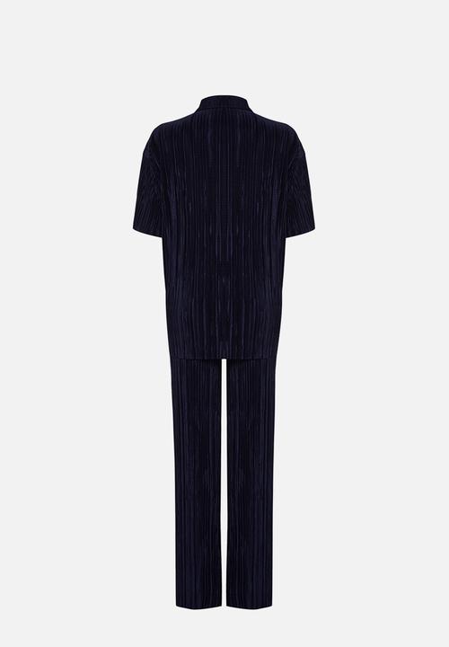 Trendyol - Pleated Wide Cut Shirt and Trousers Knitted Bottom Top Set - Navy Blue